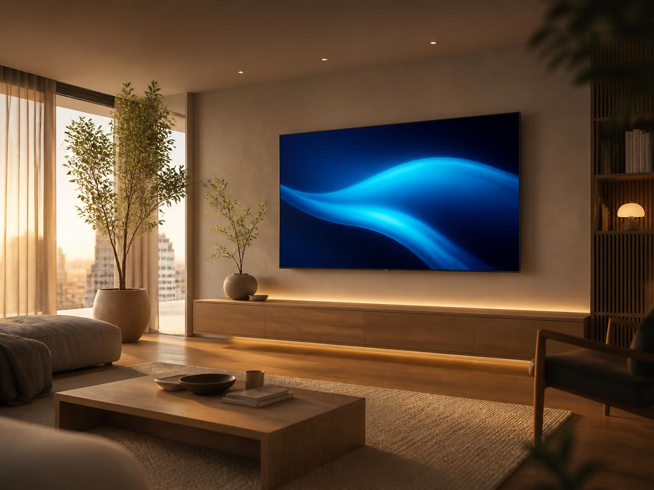 Large smart TV on the wall of a modern European living room