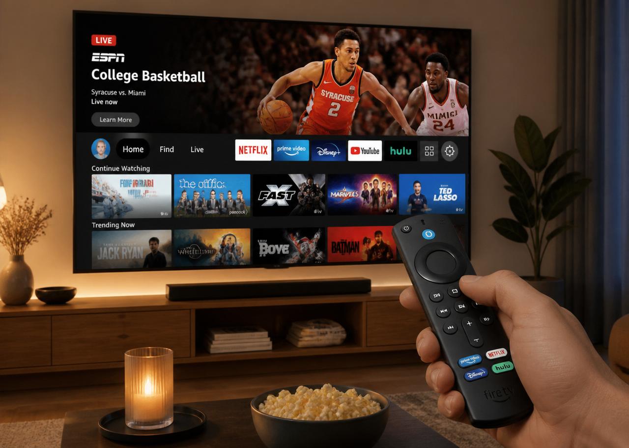 Hand holding a simple streaming remote pointing at a smart TV showing a live channel